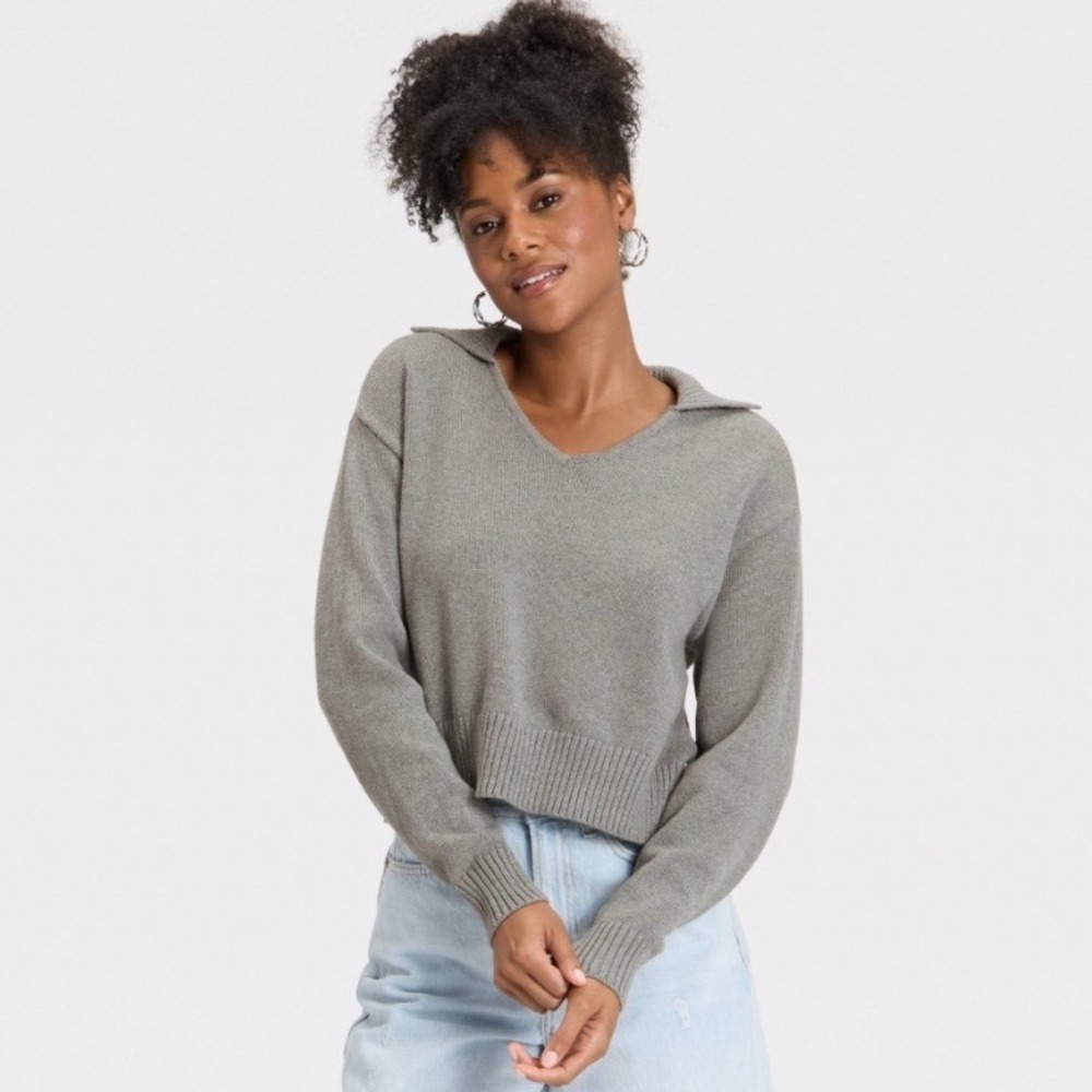 Universal Thread Womens Charcoal Grey Polo Collar V-Neck Knit Sweater XL NWT